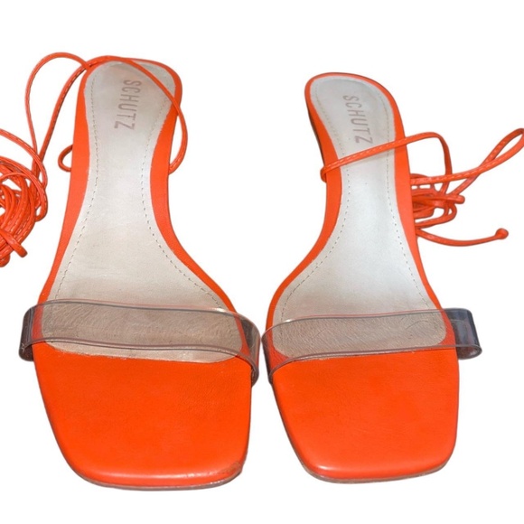 SCHUTZ Dailyn Stiletto Bamboo Heel  Sandals Flame in Orange Leather - Picture 1 of 5